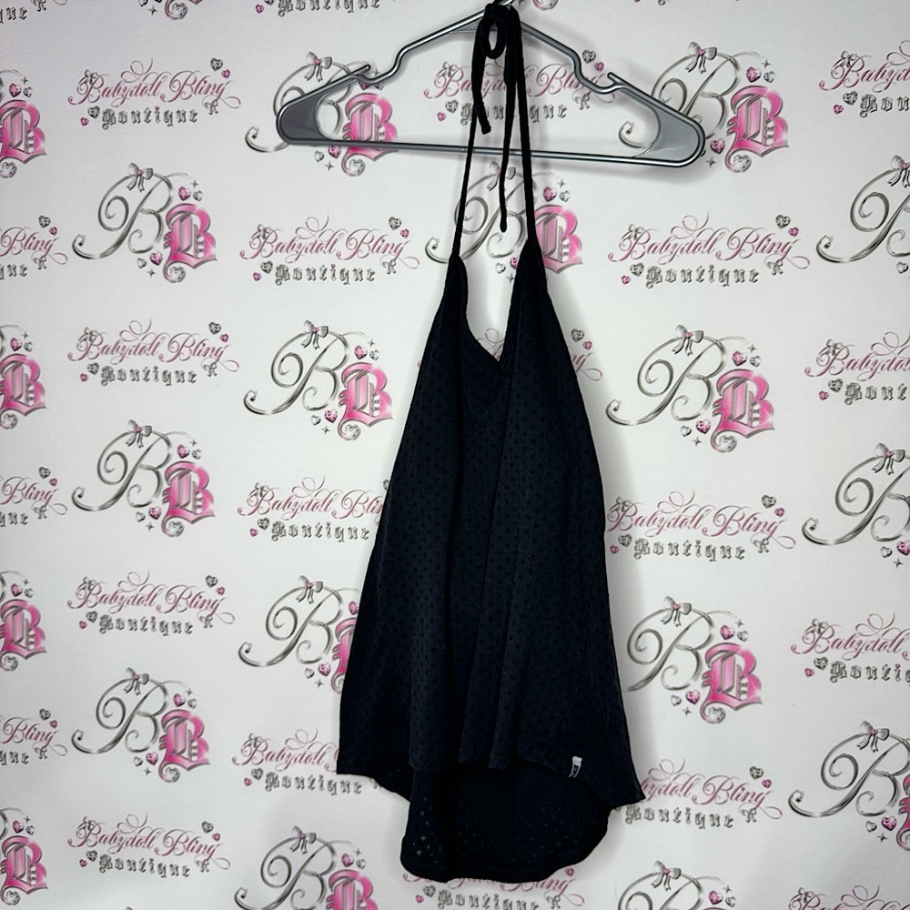 Roxy halter tank top built in bra polka dot black with logo cute open back y2k